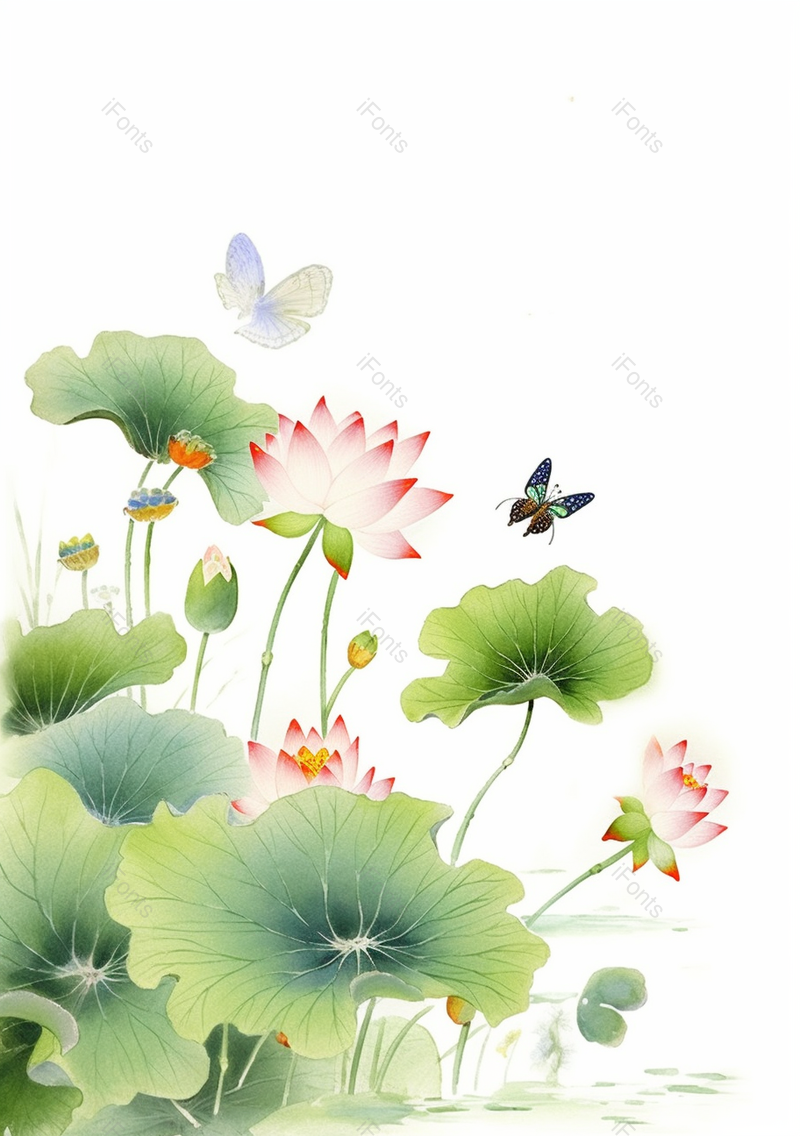 绿色荷叶荷花池塘和胡蝶插画背景,插画/手绘图,插画/手绘图库,插画/手绘图下载,插画/手绘